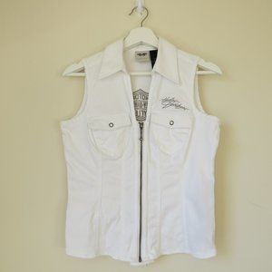 Harley Davidson White Embellished Denim Zip Vest
